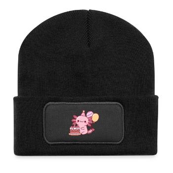 Cute Axolotl With Birthday Cake and Balloons - Recycled Patch Beanie - black - Front