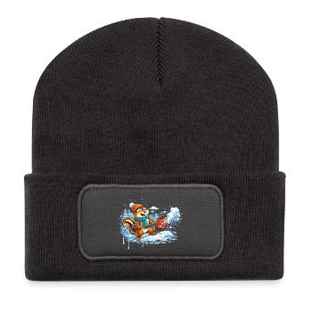 Streifenhörnchen beim Schneeschippen – Winterspaß - Recycelte Patch Beanie - Dunkelgrau - Vorne