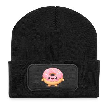 Kawaii Donut mit rosa Glasur - Recycelte Patch Beanie - Schwarz - Vorne