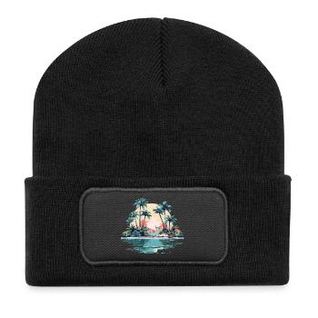 Tropische Insel am Sonnenuntergang - Recycelte Patch Beanie - Schwarz - Vorne
