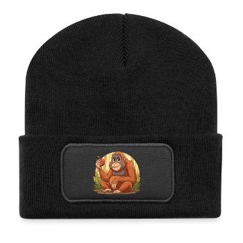 Orang-outan avec pomme – Charme de la jungle - Beanie recyclé à patch - noir - Devant