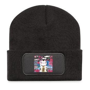 Kawaii Lucky Cat Maneki Neko Kirschblüte - Recycelte Patch Beanie - Dunkelgrau - Vorne