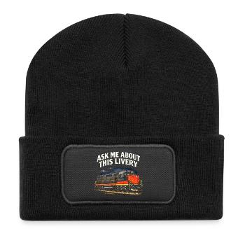 Frag mich nach Lackierung | Eisenbahn - Recycelte Patch Beanie - Schwarz - Vorne