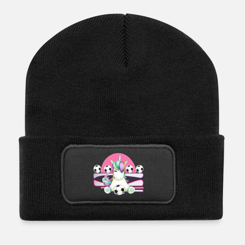 Pastell Unicorn mit Fußball - Recycelte Patch Beanie - Schwarz