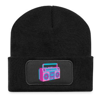 Boombox Ghettoblaster 80er Retro Roller Disco - Recycelte Patch Beanie - Schwarz - Vorne
