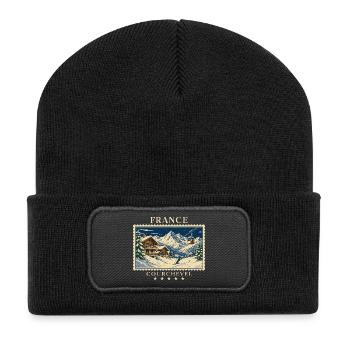 Frankreich Courchevel Vintage Reisemarke - Recycelte Patch Beanie - Schwarz - Vorne