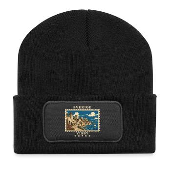 Schweden Visby Vintage Reisemarke - Recycelte Patch Beanie - Schwarz - Vorne