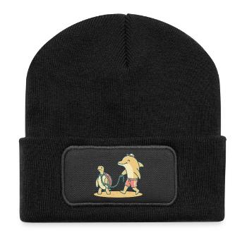 Delfin geht Gassi mit Schildkröte - Recycelte Patch Beanie - Schwarz - Vorne