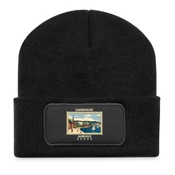 Dänemark Aarhus Vintage Reisemarke - Recycelte Patch Beanie - Schwarz - Vorne