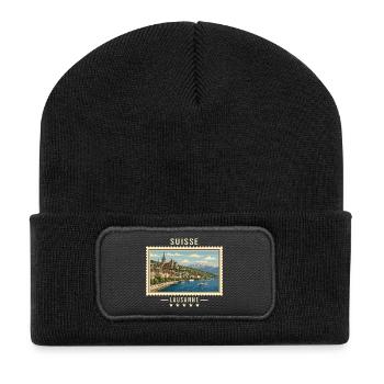 Schweiz Lausanne Vintage Reisemarke - Recycelte Patch Beanie - Schwarz - Vorne