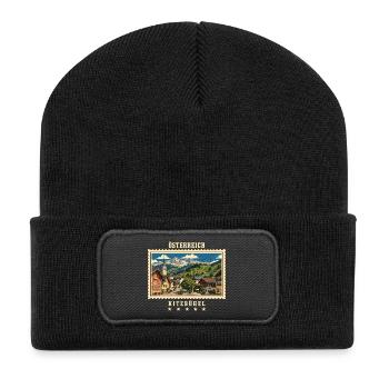 Österreich Kitzbühel Vintage Reisemarke - Recycelte Patch Beanie - Schwarz - Vorne