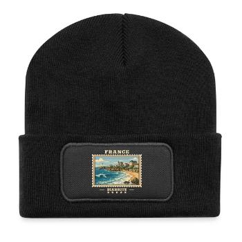 Frankreich Biarritz Vintage Reisemarke - Recycelte Patch Beanie - Schwarz - Vorne