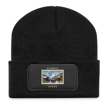 Schweiz Saas-Fee Winter Vintage Reisemarke - Recycelte Patch Beanie - Schwarz - Vorne