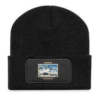 Schweden Riksgränsen Winter Vintage Reisemarke - Recycelte Patch Beanie - Schwarz - Vorne