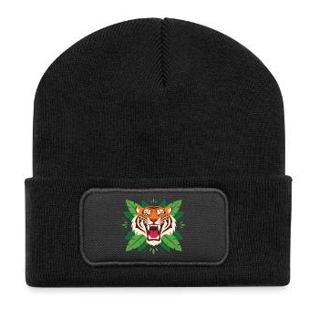 Tiger im Blattwerk Emblem - Recycelte Patch Beanie - Schwarz - Vorne