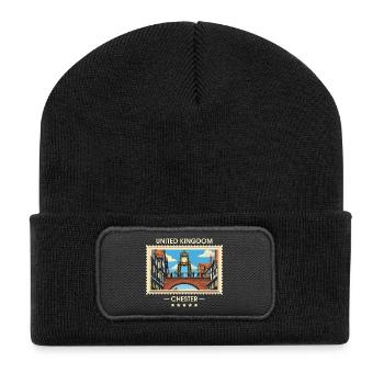 Großbritannien Chester Vintage Reisemarke - Recycelte Patch Beanie - Schwarz - Vorne