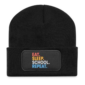 Essen, schlafen, Schule wiederholen, Schüler, lustiges Geschenk - Recycelte Patch Beanie - Schwarz - Vorne