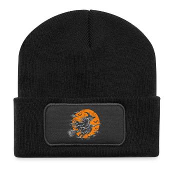Die Hexe auf dem Besen vor dem Vollmond - Recycelte Patch Beanie - Schwarz - Vorne