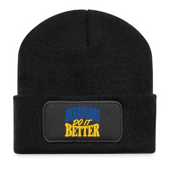 Ukrainische Farben Blau und Gelb - Recycelte Patch Beanie - Schwarz - Vorne