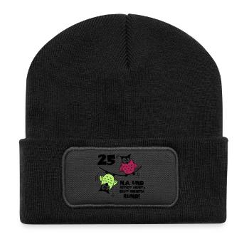 25. Geburtstag - Eulen "na und" - Recycelte Patch Beanie - Schwarz - Vorne