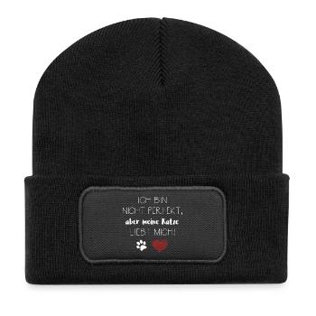Katze Katzen Kater Geschenk Liebe Siam Maine Coon - Recycelte Patch Beanie - Schwarz - Vorne