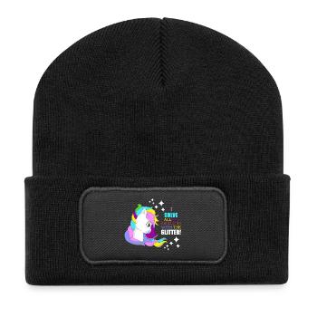 Einhorn Glitzer „Ich löse Probleme mit Glitzer“ - Recycelte Patch Beanie - Schwarz - Vorne