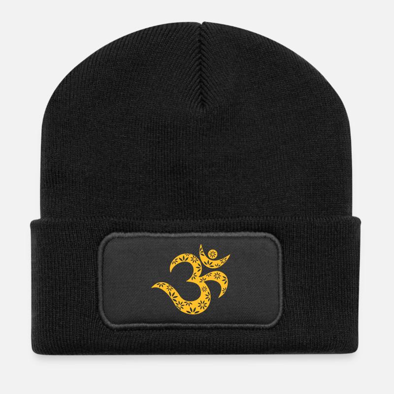 OM Mantra symbol, flowers, patterns, Aum, Buddhism - Recycled Patch Beanie - black