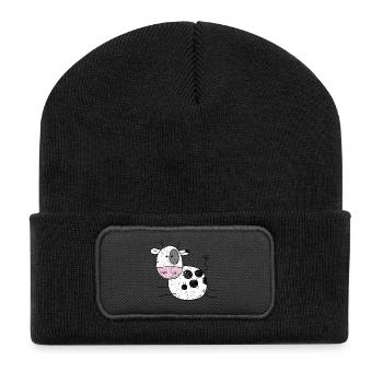 Witzige Kuh Comic I Kinder Geschenk I Kälbchen - Recycelte Patch Beanie - Schwarz - Vorne