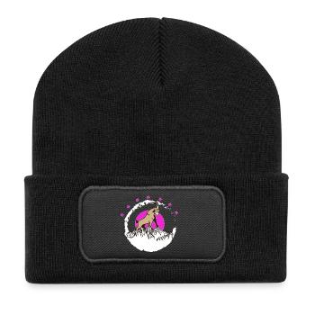 Gipfelbock vor pinkem Mond Steinbock - Recycelte Patch Beanie - Schwarz - Vorne
