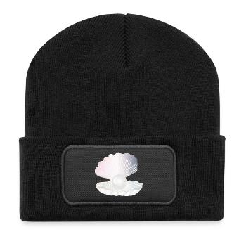irisierende geöffnete Muschel mit großer Perle - Recycelte Patch Beanie - Schwarz - Vorne