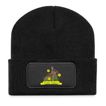 Frohe Ostern Osterhase - Recycelte Patch Beanie - Schwarz - Vorne