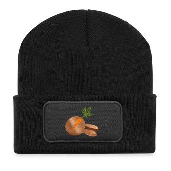 Rabbit head in wood look with chopped carrot - Recycled Patch Beanie - black - Front