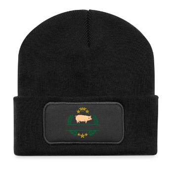 Schwein im grünen Lorbeerkranz mit goldgelber Krone - Recycelte Patch Beanie - Schwarz - Vorne