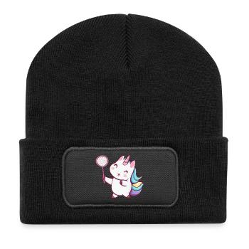 Mignonne licorne kawaii jouant au tennis de badminton - Beanie recyclé à patch - noir - Devant