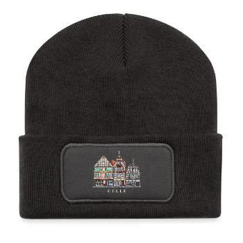 Celle, dessin à la main façades vieille ville Allemagne - Beanie recyclé à patch - charbon - Devant