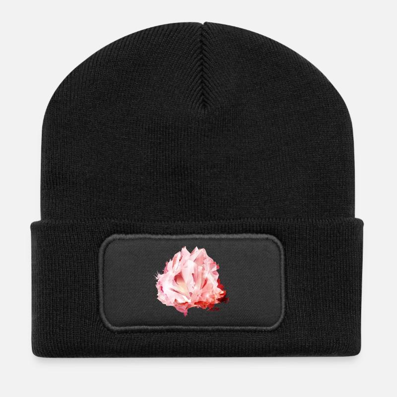 leuchtendes rosafarbenes Rosenquarz Kristall Motiv - Recycelte Patch Beanie - Schwarz