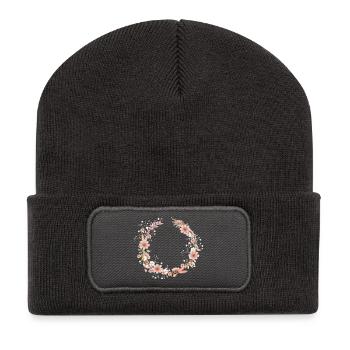 schöne Cosmea Blumenkranz Illustration in Rosa - Recycelte Patch Beanie - Dunkelgrau - Vorne