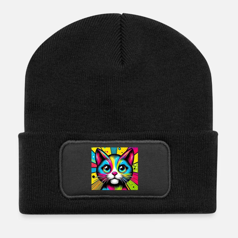 Katze Pop Art - Recycelte Patch Beanie - Schwarz
