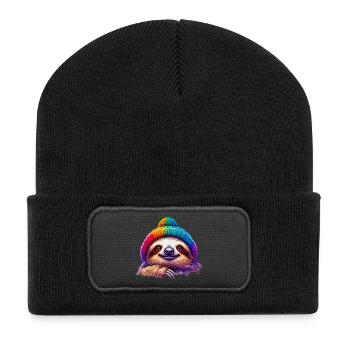 Sloth with wool cap hat - Recycled Patch Beanie - black - Front