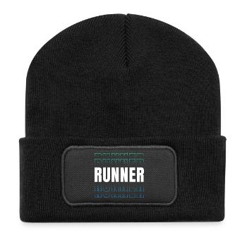 Runner Typo Muster Laufsport Kollektion - Recycelte Patch Beanie - Schwarz - Vorne