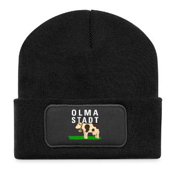 OLMA STADT 2 mit Kuh - Recycelte Patch Beanie - Schwarz - Vorne