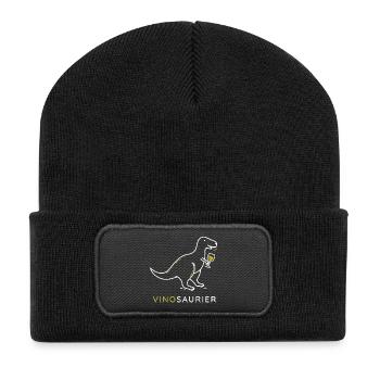 Vinosaurier mit Weinglas - Recycelte Patch Beanie - Schwarz - Vorne