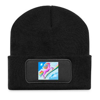 Einhorn und Regenbogen - Recycelte Patch Beanie - Schwarz - Vorne