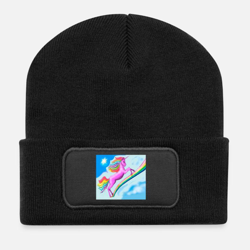 Einhorn und Regenbogen - Recycelte Patch Beanie - Schwarz