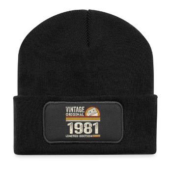 Vintage 1981 Kassette 1981 - 44. Jubiläum 1981 - Recycelte Patch Beanie - Schwarz - Vorne