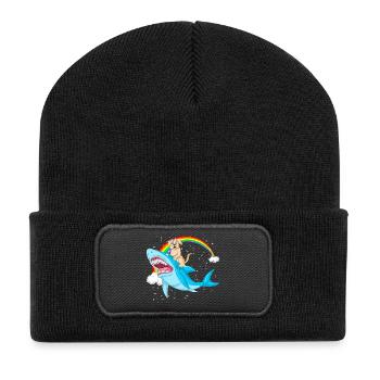 Playful golden retriever Rides Shark Under Rainbow - Recycled Patch Beanie - black - Front