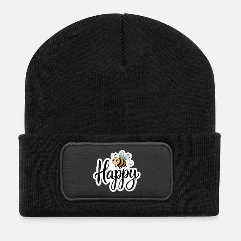 Abeille avec un sort chanceux dans le lettrage de la main être heureux - Beanie recyclé à patch - noir