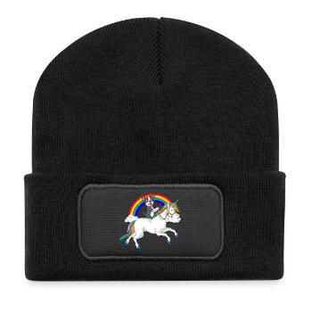 Chiot Boston terrier joueur et licorne arc-en-ciel - Beanie recyclé à patch - noir - Devant