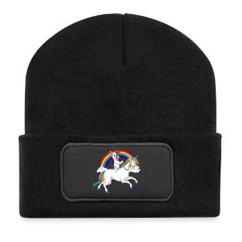 Französische Bulldogge Reiten Einhorn - Recycelte Patch Beanie - Schwarz - Vorne