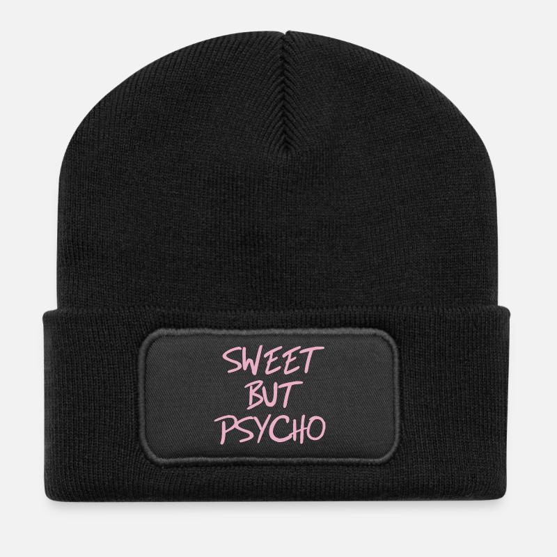 Sweet but Psycho Spruch in Pink - Recycelte Patch Beanie - Schwarz
